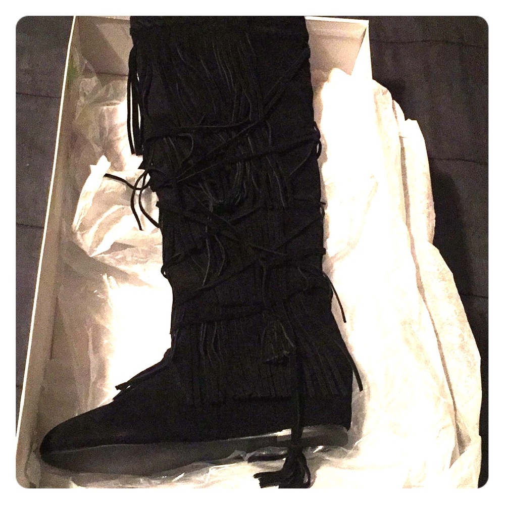 Black Long Flat Steve Madden Fringe Boots